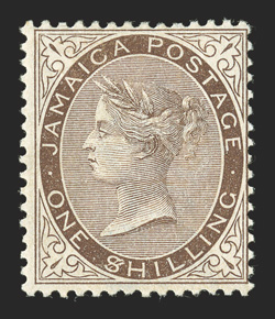 S.G. 24a, 1897 1- Brown, $ for S in SHILLING, attractive mint example of this scarce variety, deep rich color, o.g., h.r., very fine this variety only occurs once in a sheet
of 240 stamps on the second stamp in the second row of the uppe