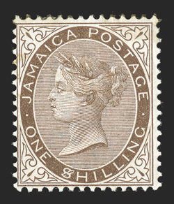 S.G. 24a, 1897 1- Brown, $ for S in SHILLING, scarce mint single, deep rich color, o.g. which shows a bit of staining at top from hinge removal which does not show through,
fine this variety only occurs once in a sheet of 240 stamps on t