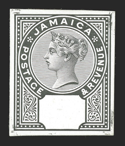 S.G. 27, 1889 Key plate essay in black on glazed card, cut down to near stamp size, fine and rare (Scott 24E).