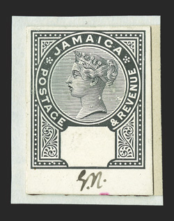 S.G. 29E, 1891 2½d Key plate essays in black on glazed cards, separate essays for the key plate and for the value tablet, the first initialed in the bottom margin, latter with
ms. Jamaica notation above the tablet and 60 LeadsJan 8th alongs