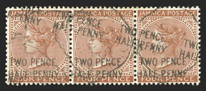 S.G. 30b, 1891 TWO PENCEHALF-PENNY surcharge on 4d Red brown, 1½mm spacing between lines of surcharge, double surcharge, an amazing horizontal strip of three showing the
second surcharge diagonal, the right stamp showing both PFNNY for PEN