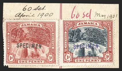 S.G. 31-32s, 1900-01 1d Red and 1d Slate-black and red, overprinted SPECIMEN cplt., the latter handstamped SPECIMEN in violet, affixed side-by-side to portion of De La Rue
Working Day Book page and annotated in ms. 60 Set.April 1900 and 