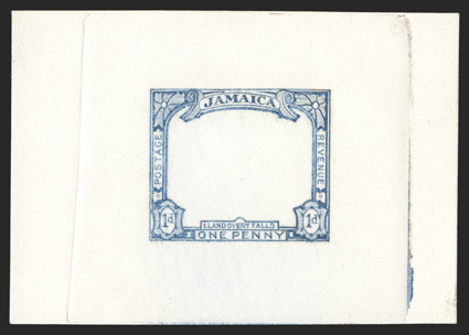 S.G. 32E, 1901 1d Frame essays for the bi-colored issue in four different colors, black, ultramarine, vermilion and lake, each struck on 74x52mm proof paper, fresh and
extremely fine (Scott 32E).