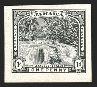 S.G. 32E, 1901 1d Essay in black on thin card, 35x31mm, made from the die proof for the single color issue with the middle frame line around the vignette whited-out, 411900
for 1 prtg pencil notation on reverse, very fine probably unique