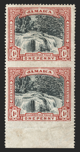 S.G. 32b, 1901 1d Llandovery Falls, slate-black and red, imperforate between, an especially handsome bottom sheet-margin vertical pair, particularly well centered, slightly
brownish o.g., lightly hinged, horizontal creases at center as apparentl