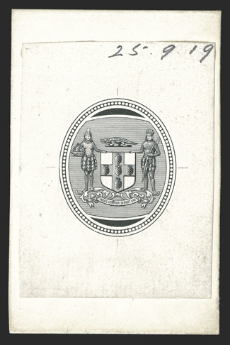 Arms of Jamaica vignette on glazed card, 36x47mm mounted on slightly larger card and dated 25.9.19, very fine.