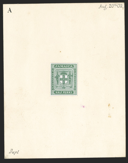 S.G. 33TC, 1903 ½d Arms trial color proof in green, glazed and affixed to full sized 90x115mm card, lettered A, dated Aug 20th, 02 and marked Dupl. all in manuscript, very
fine the ½d mono-colored Arms was eventually issued in yellow-gree