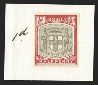S.G. 33-34P, 1903-04 ½d Grey and dull green and 1d Grey and carmine, proofs on stamp paper affixed to small pieces of the De La Rue Working Day Books, fresh and very fine
ex-De La Rue Archives (Scott 33-34P).