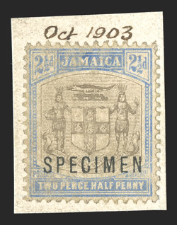 S.G. 33-35s, 1903-04 ½d-2½d Arms, overprinted SPECIMEN and affixed to small piece of De La Rue Working Day Book, ½d with 240 Set Key240 Set DutyOct 1903 and 2½d with Oct 1903
ms. notations, stamps soiled and rubbed, probably for experime