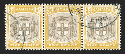 S.G. 33a-36a, 1903-04 ½d-5d SER. ET for SERVIET varieties, ½d single, 1d and 2½d the right stamp in a horizontal pair and 5d the center stamp in a horizontal strip of three,
each used with light and unobtrusive circular date cancel, includin