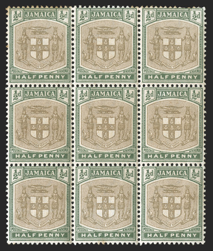 S.G. 33aw, 1903 ½d Grey and dull green, SER. ET for SERVIET variety, watermark inverted, the center stamp in a mint block of nine, well centered, slightly brownish o.g., n.h.,
some foxing at top not affecting the variety, otherwise very fine