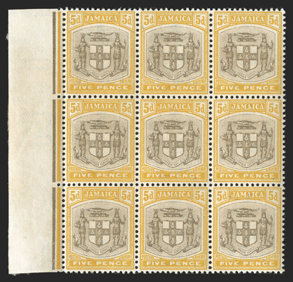 S.G. 36a, 1904 5d Grey and yellow, SER. ET for SERVIET variety, the center stamp in a left sheet-margin mint block of nine, near perfect centering and uncommonly fresh, crisp
and intact, pristine o.g., never hinged, extremely fine an in