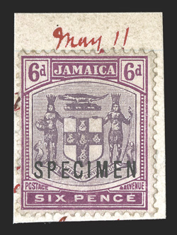 S.G. 38s, 40s, 42s, 44s, 1906-11 ½d Yellow-green, 1d Carmine, 2½d Pale ultramarine and 6d Dull and bright purple, overprinted SPECIMEN and affixed top small piece of De La Rue
Working Day Book, each annotated with date and ½d and 1d with addit