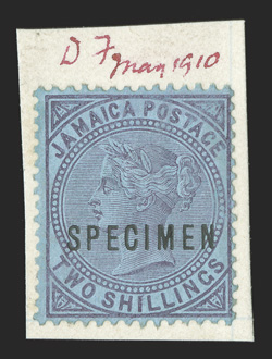 S.G. 47s, 49-50s, 52s, 54s, 56s, 1908-11 3d Purple on yellow, 4d Black on yellow, 4d Red on yellow, 6d Lilac, 1- Black on green and 2- Purple on blue, overprinted SPECIMEN and
affixed to small piece of De La Rue Working Day Book, all but 1-