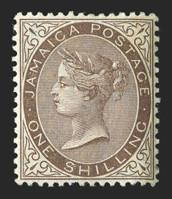 S.G. 53b, 1906 1- Brown, $ for S in SHILLING, choice mint example of this very scarce stamp, incredibly well centered, sumptuously rich color, o.g., lightly hinged, extremely
fine this variety only occurs once in a sheet of 240 stamps on