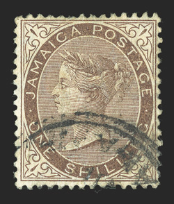 S.G. 53b, 1906 1- Brown, $ for S in SHILLING, a surprisingly scarce used example of this popular variety, town cancel not obscuring the variety, very fine this variety only
occurs once in a sheet of 240 stamps on the second stamp in the