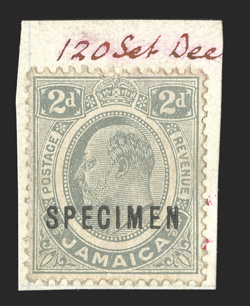 S.G. 57s, 1911 2d Grey, overprinted SPECIMEN and affixed to small piece of De La Rue Working Day Book with red ms. 120 Set Dec notation, very fine ex-De La Rue Archives (Scott
60s).This stamp was not issued until 3rd February 1911 an