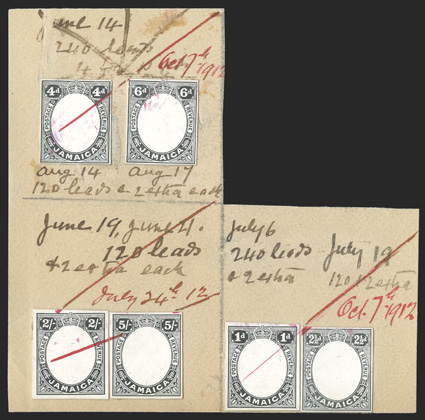 S.G. 58-59E, 61E, 63-67E, 1912-19 1d-1½d, 2½d and 4d-5- Frame essays in black on glazed card cut to stamp size and mounted on portions of De La Rue Working Day Book pages,
except the 1½d loose, all but that value with ms. annotations, dates and