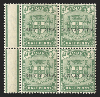 S.G. 68c, 1916 ½d Yellow-green overprinted WAR STAMP., overprint inverted, left gutter-margin mint block of four, well centered, o.g., l.h., bottom pair n.h., very fine
cataloged as hinged singles (Scott MR1c $400.00+).