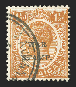 S.G. 71aa, 1916 1½d Orange overprinted WARSTAMP., watermark sideways, a pleasing example of this very rare stamp, which is only known used, deep rich color on fresh paper,
partial Savannah-La-Mar datestamp, fine missing from most collections