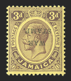 S.G. 72aa, 1916 3d Purple on lemon overprinted WARSTAMP., overprint inverted, incredibly fresh, o.g., barest trace of hinging, very fine (Scott MR6d $325.00).