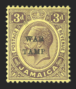 S.G. 72b, 1916 3d Purple on lemon overprinted WARSTAMP., S in STAMP omitted, pos. R. 612, fresh and well centered, o.g., l.h., extremely fine and scarce (Scott MR6b
$600.00).