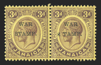 S.G. 72c, 1916 3d Purple on lemon overprinted WARSTAMP., S inserted by hand, the right stamp in a horizontal pair, o.g., l.h., very fine (Scott MR6c $225.00).