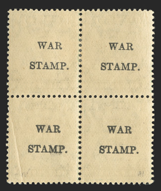 S.G. 73c, 1917 ½d Blue-green overprinted WARSTAMP., overprinted on back only, mint block of four, o.g., h.r. on the face side, the gum n.h., bottom left stamp with a diagonal
crease at lower left, otherwise very fine (Scott MR7b $840.00+).