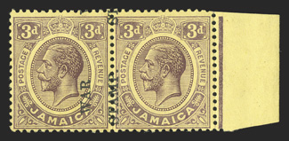 S.G. 75da, 1917 3d Purple on lemon overprinted WARSTAMP., overprint omitted in horizontal pair with S.G. 75d, a right sheet-margin horizontal pair, the left stamp with
overprint sideways reading up and the right stamp with overprint omitted,