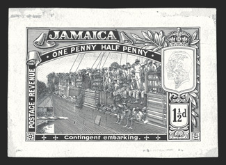 S.G. 80E, 1919 1½d Essay in black on thin glazed card, 49x35mm, showing the Kings head in outline only and the vignette lacking some details, minor edge faults, otherwise very
fine ex-Surtees (Scott 77E).