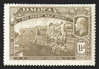 S.G. 80TC, 1919 1½d Trial color proof in bistre on upright watermarked paper and perforated, o.g., small thin in the top left corner, very fine appearance ex-Surtees (Scott
77TC).