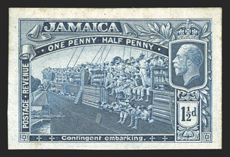 S.G. 80TC, 1919 1½d Trial color proof in deep blue on thick unwatermarked paper, o.g., very fine (Scott 77TC).