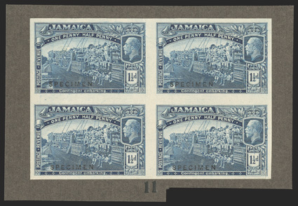 S.G. 80TC, 1919 1½d Trial color proof in deep blue, overprinted SPECIMEN block of four mounted on stiff dark brown card and numbered 11, extremely fine ex-De La Rue Archives
(Scott 77TC).