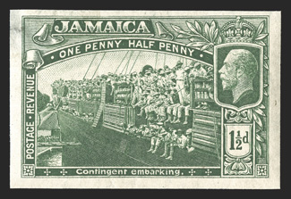 S.G. 80P, 1919 1½d Green, imperforate imprimatur on upright watermarked paper, o.g., small thinned spot in the top left corner, very fine appearance (Scott
77P).