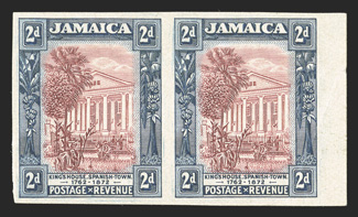 S.G. 81TC, 1921 2d Trial color proof in mauve and indigo on thick unwatermarked paper, right margin horizontal pair, right stamp with a light diagonal crease, otherwise very
fine (Scott 78TC).