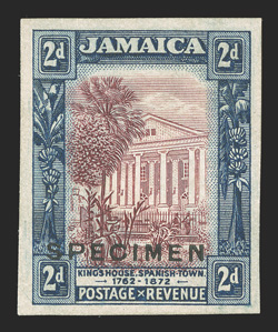 S.G. 81TC, 1921 2d Trial color proof in mauve and indigo, overprinted SPECIMEN, two proofs on thick unwatermarked paper, one overprinted SPECIMEN horizontally at base, the
other with diagonal SPECIMEN handstamp, fresh and very fine (Scott