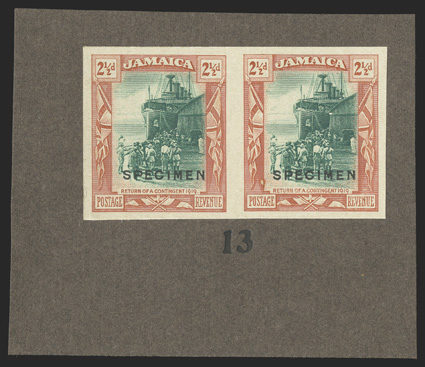 S.G. 82TC, 1921 2½d Trial color proof in green and orange-brown, overprinted SPECIMEN, horizontal pair mounted on thick dark brown card and numbered 13, extremely fine ex-De
La Rue Archives (Scott 79TC).