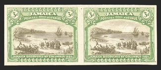 S.G. 83TC, 1921 3d Trial color proof in sepia and yellow-green on thick unwatermarked paper, horizontal pair, right stamp with internal creases, otherwise very fine (Scott
80TC).