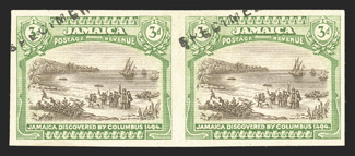 S.G. 83TC, 1921 3d Trial color proof in sepia and yellow-green, handstamped SPECIMEN, horizontal pair, very fine (Scott 80TC).