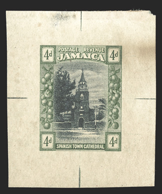 S.G. 84TC, 1921 4d Trial color die proof in indigo and green, which are the colors of the issued 2d value, 39x47mm, thinned spot at top away from the vignette and some light
toning at upper right, otherwise fine ex-Surtees (Scott 81TC).