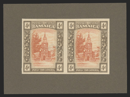 S.G. 84TC, 1921 4d Trial color proof in red-orange and sepia, horizontal pair mounted on stiff dark brown card, extremely fine ex-De La Rue Archives (Scott
81TC).