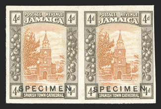 S.G. 84TC, 1921 4d Trial color proof in red-orange and sepia, overprinted SPECIMEN, horizontal pair, fine-very fine (Scott 81TC).