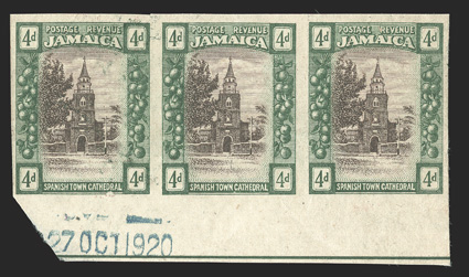 S.G. 84P, 1921 4d Brown and deep green, imperforate imprimatur on ungummed watermarked paper, bottom sheet-margin horizontal strip of three, stamped 27 OCT 1920 in the
selvage, very fine ex-De La Rue Archives (Scott 81P).