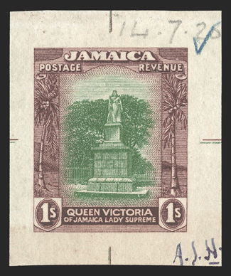 S.G. 85TC, 1920 1- Trial color die proof in green and maroon on proof paper, 35x42mm, with appvd for register pencil notation on reverse, dated 14.7.20 in pencil in the top
margin and initialed A.J.H. in ink in the bottom right margin, ve
