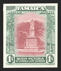 S.G. 85TC, 1920 1- Trial color proof in myrtle-green and red violet on thick unwatermarked paper, thinned spot, very fine appearance ex-De La Rue Archives (Scott
83TC).
