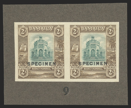 S.G. 86TC, 1920 2- Trial color proof in myrtle-green and yellow-brown, overprinted SPECIMEN, horizontal pair affixed to stiff dark brown card numbered 9, extremely fine ex-De
La Rue Archives (Scott 84TC).