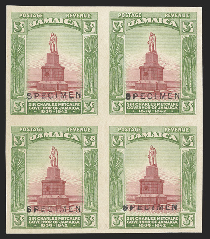 S.G. 87TC, 1920 3- Trial color proof in red-brown and yellow-green, handstamped SPECIMEN, block of four, fresh and extremely fine (Scott 85TC).