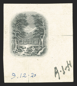 S.G. 88E, 1921 5- Vignette only die essay in black on glazed proof paper, 34x39mm, dated 9.12.20 and initialed A.J.H. at bottom, very fine ex-De La Rue Archives (Scott
86E).