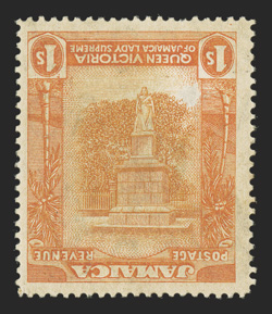 S.G. 85a, 1920 1- Orange-yellow and red-orange, Frame Inverted, attractive mint example of this sought-after rarity, well centered, rich fresh colors, o.g., h.r., small rub
spot at upper right, otherwise very fine.In March 1922, a small parti