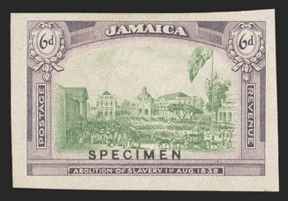 1921 6d Abolition of Slavery, trial color proof in yellow-green and violet, overprinted SPECIMEN, large margins, pinhole, otherwise extremely fine ex-Cameron.